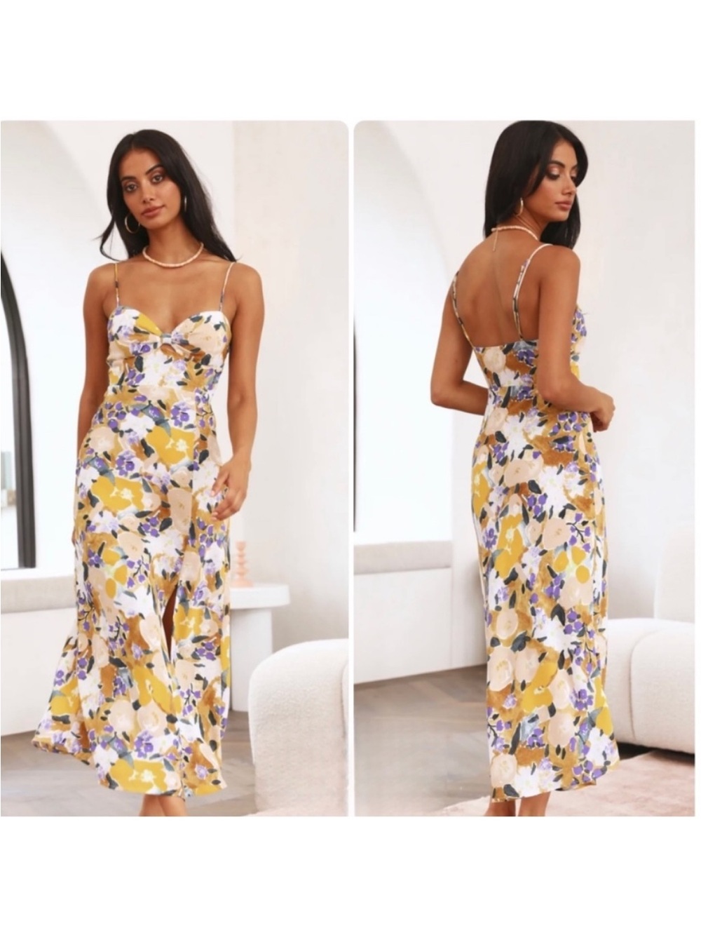 Here Comes the Sun Floral Spaghetti-Strap Midi Dress in Yellow